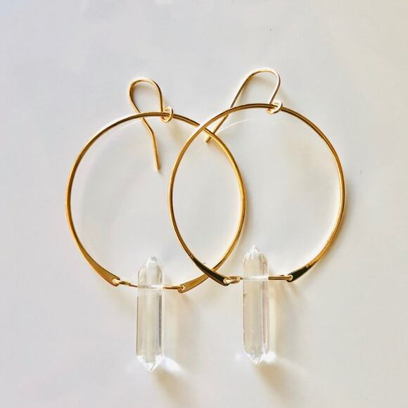 Clear Quartz Gold Handmade Boho Gemstone Crystal Hoop Earrings Hoops Jewelry - Picture 1 of 4